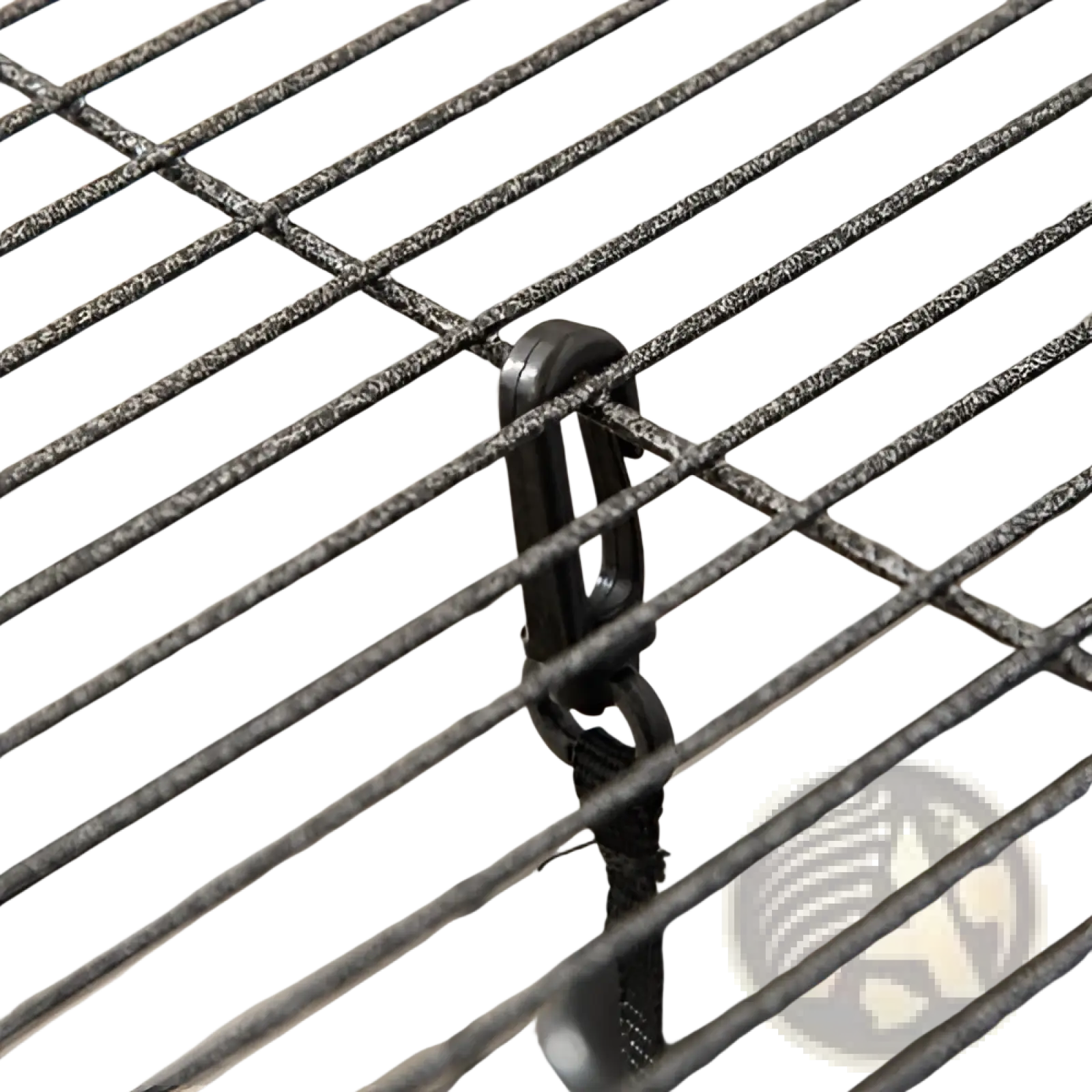 Black metal carabiner clipped to wire mesh of rolling 5 tier ferret and small animal cage for secure attachment