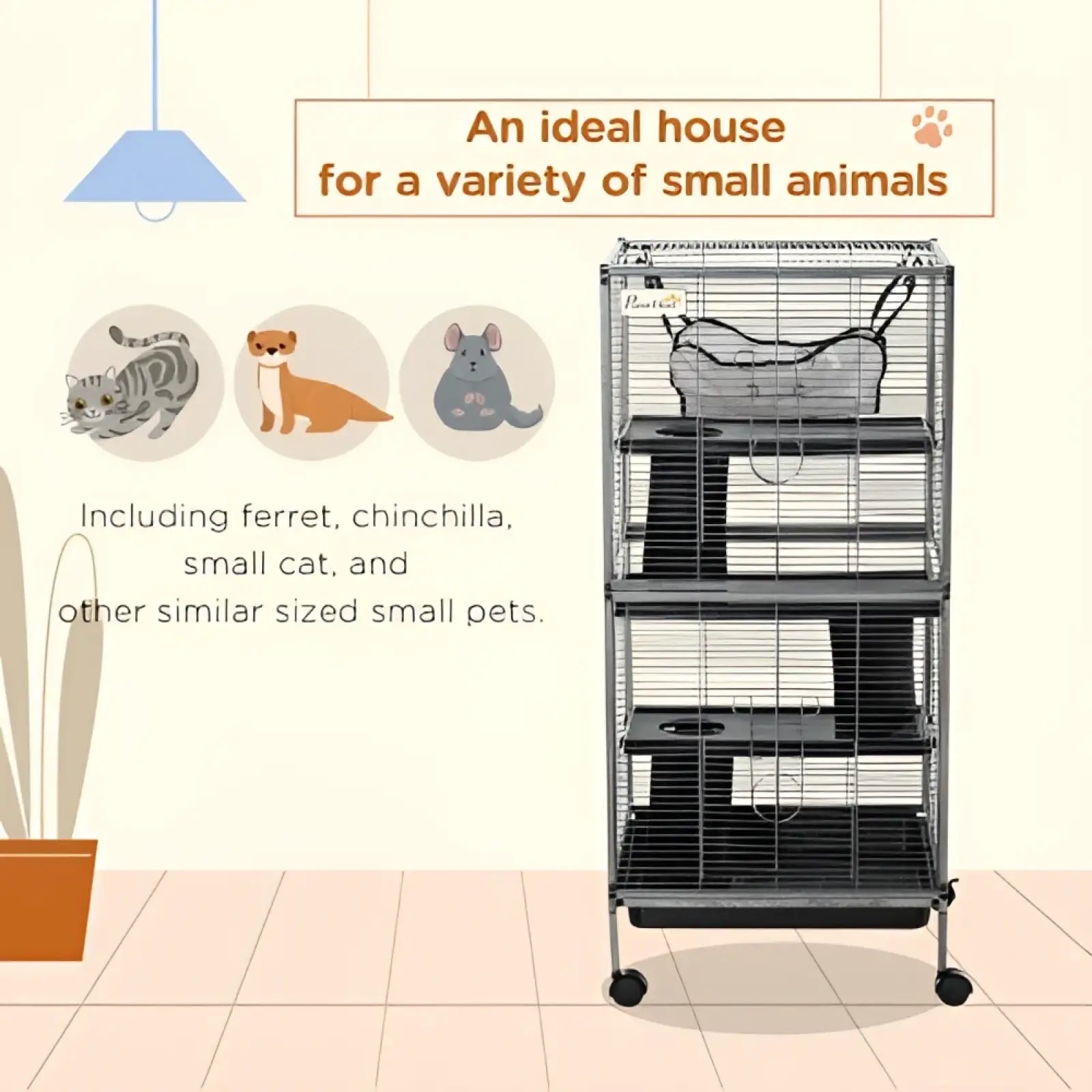 Black multi-level metal rolling 5 tier ferret and small animal cage with wheels and hanging hammock