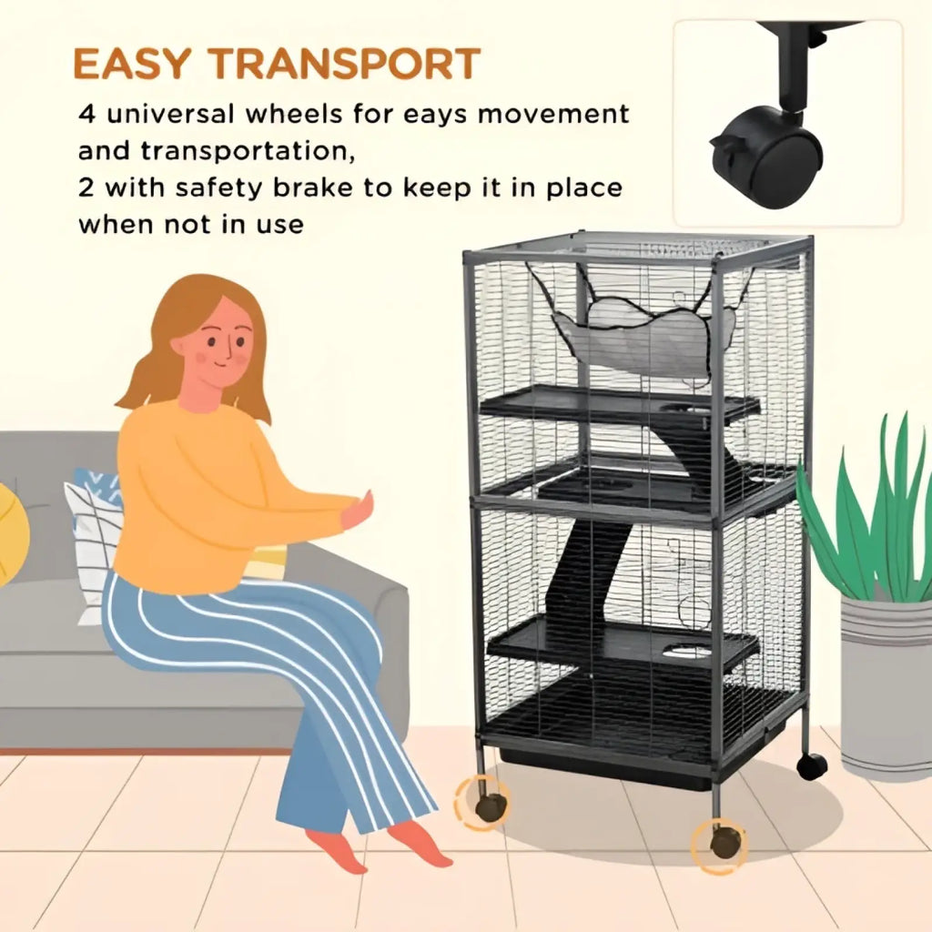 Black rolling 5 tier ferret and small animal cage with safety brake wheels and hammock interior for multi-level housing