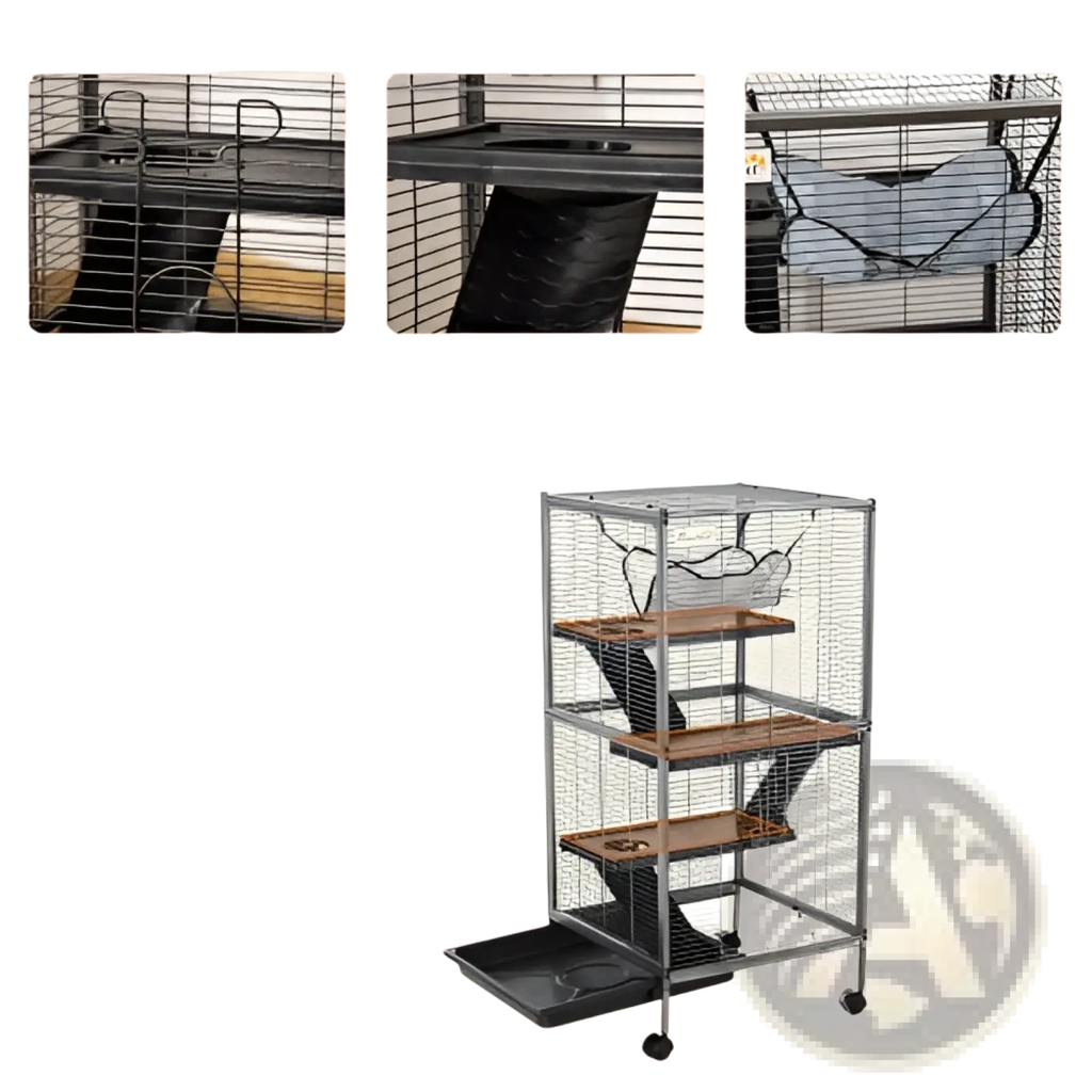 Rolling 5 tier ferret and small animal cage with black metal wire frame wooden platforms and hanging hammock