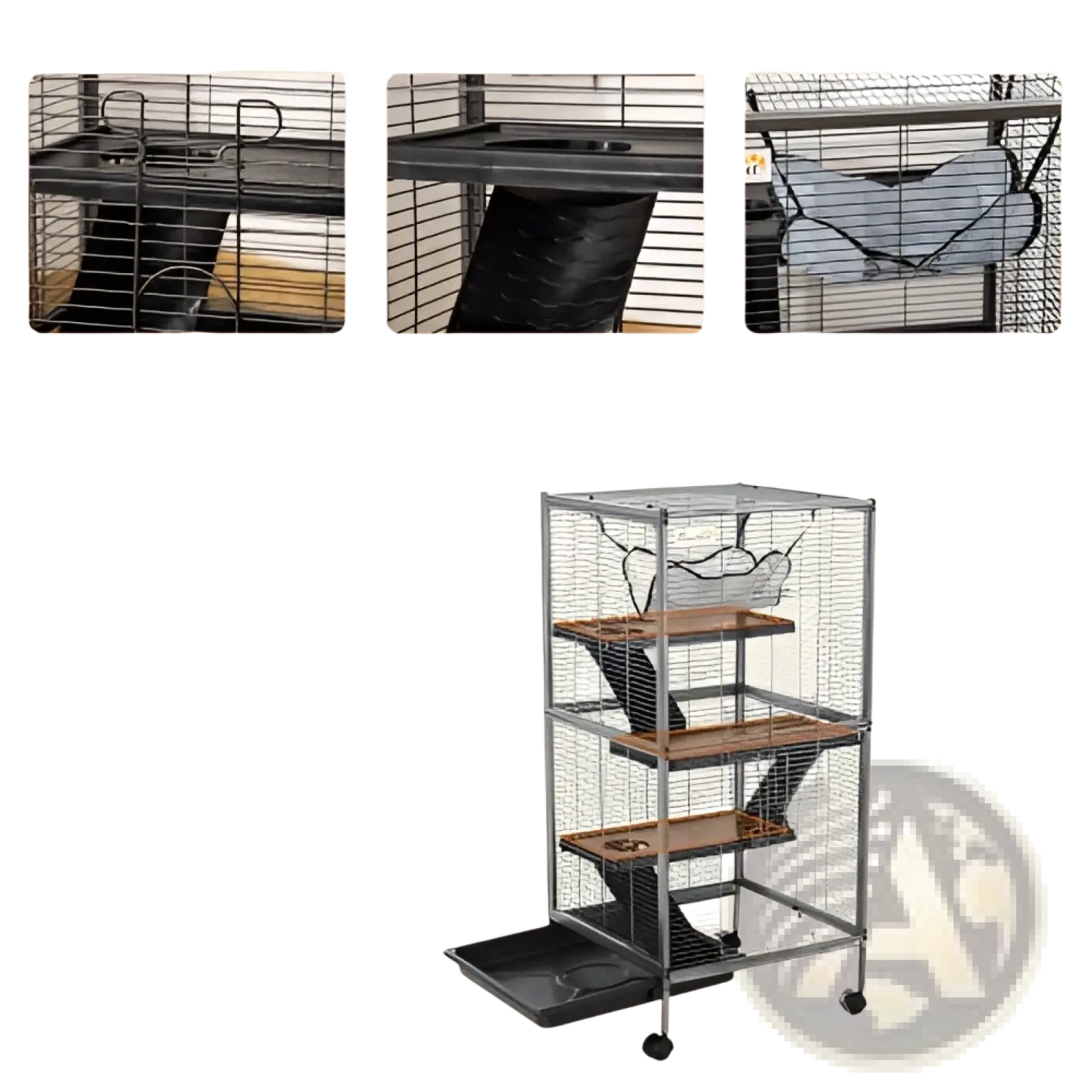 Rolling 5 tier ferret and small animal cage with black metal wire frame wooden platforms and hanging hammock