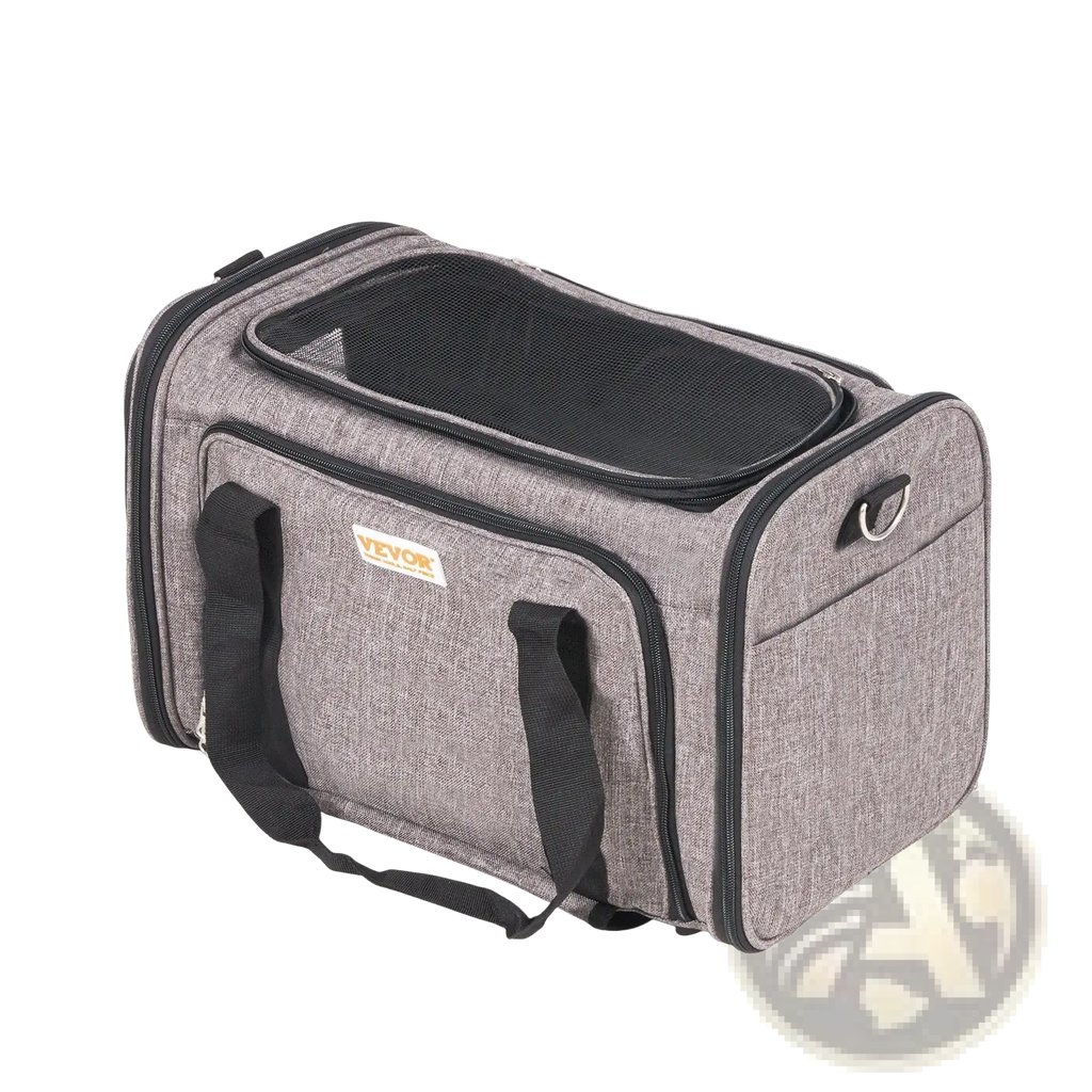 Gray textured rolling cat carrier with black zippers handles and mesh window airline approved pet travel bag