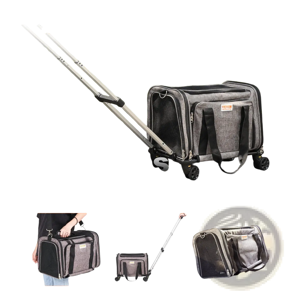 Gray and black 600d oxford cloth rolling cat carrier with wheels retractable handle and mesh sides airline approved