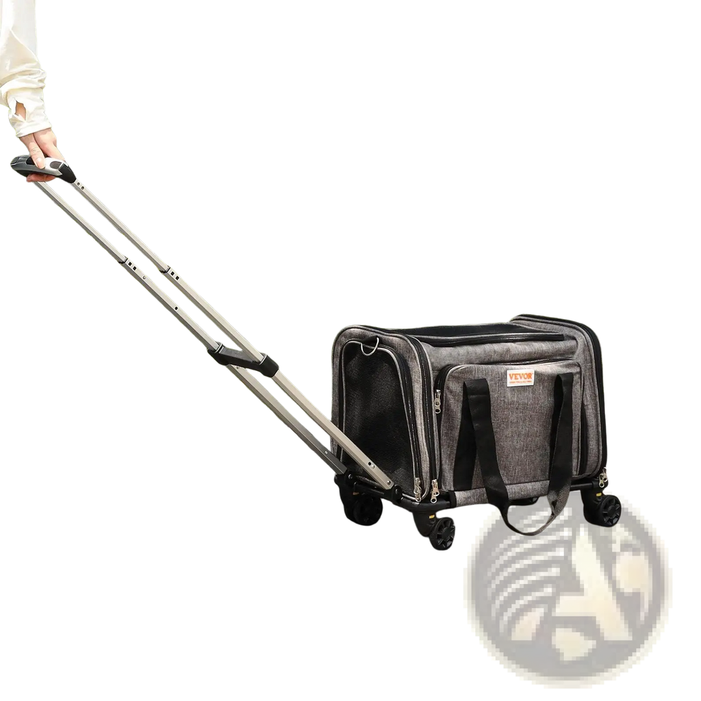 Gray and black rolling cat carrier with telescoping handle and mesh panels for ventilation airline approved pet travel bag