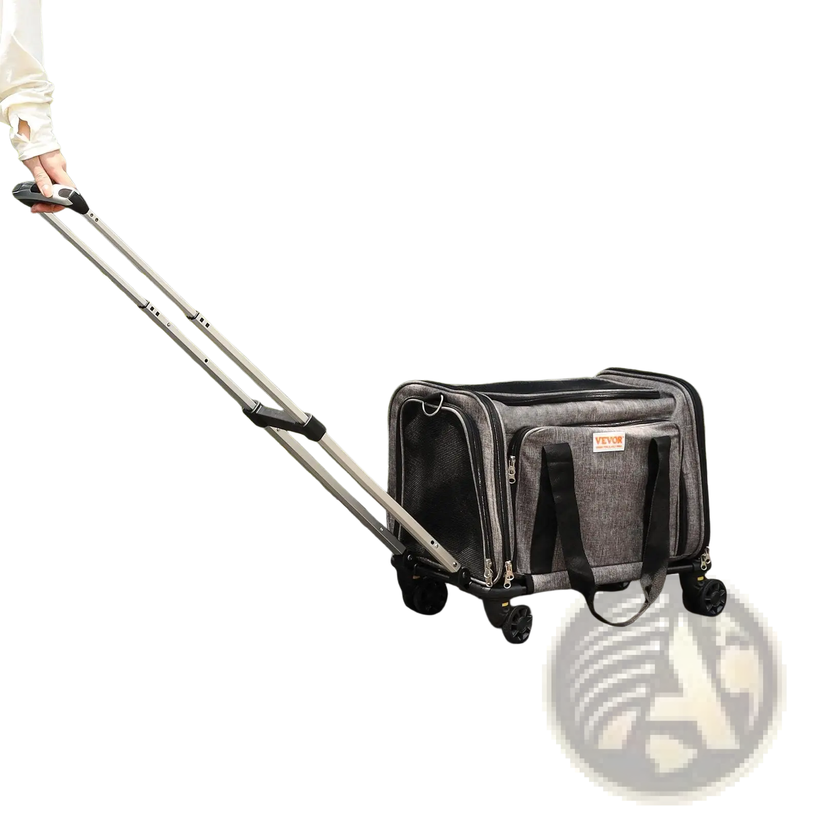 Gray and black rolling cat carrier with telescoping handle and mesh panels for ventilation airline approved pet travel bag