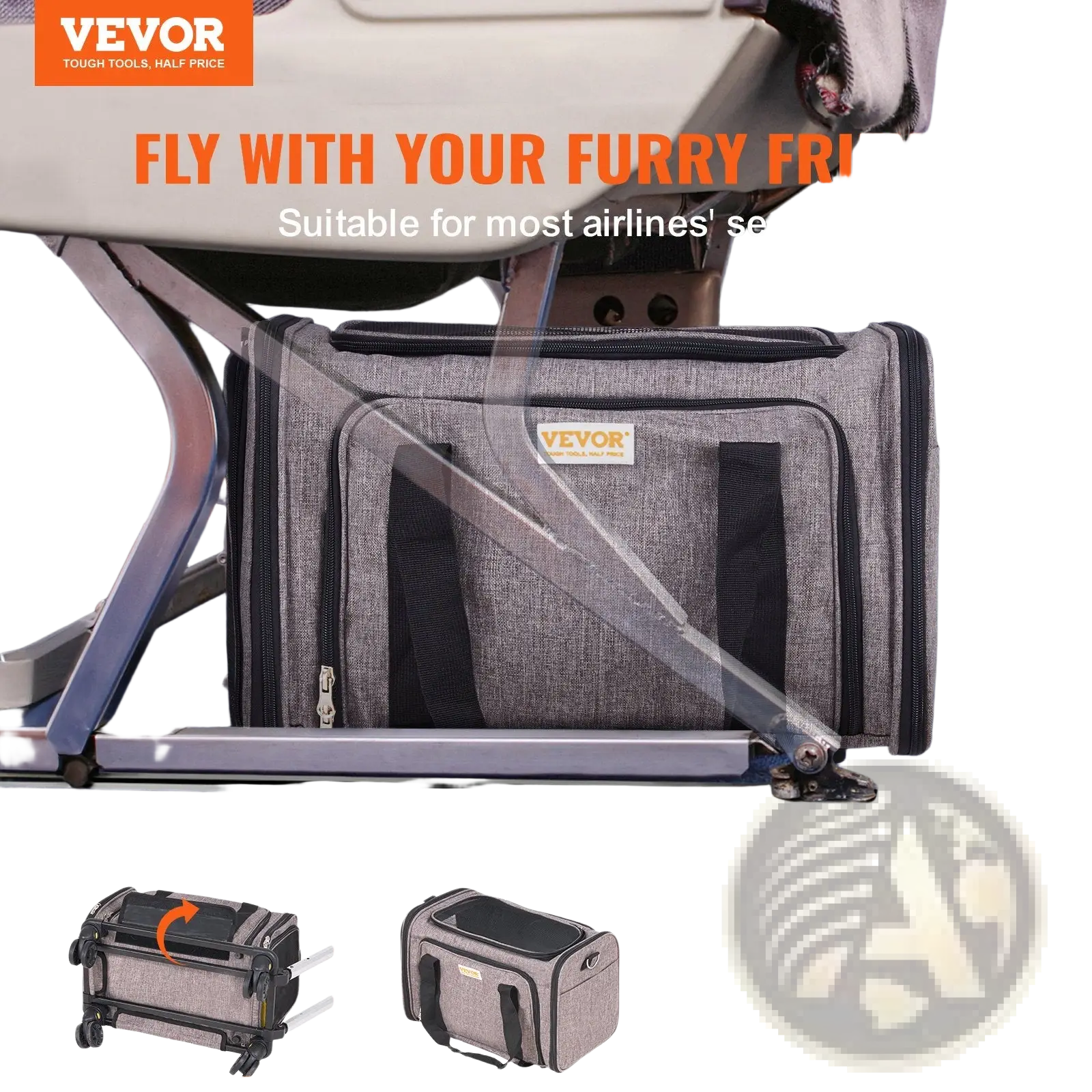 Gray and black textured fabric rolling cat carrier with wheels airline approved pet travel bag gray