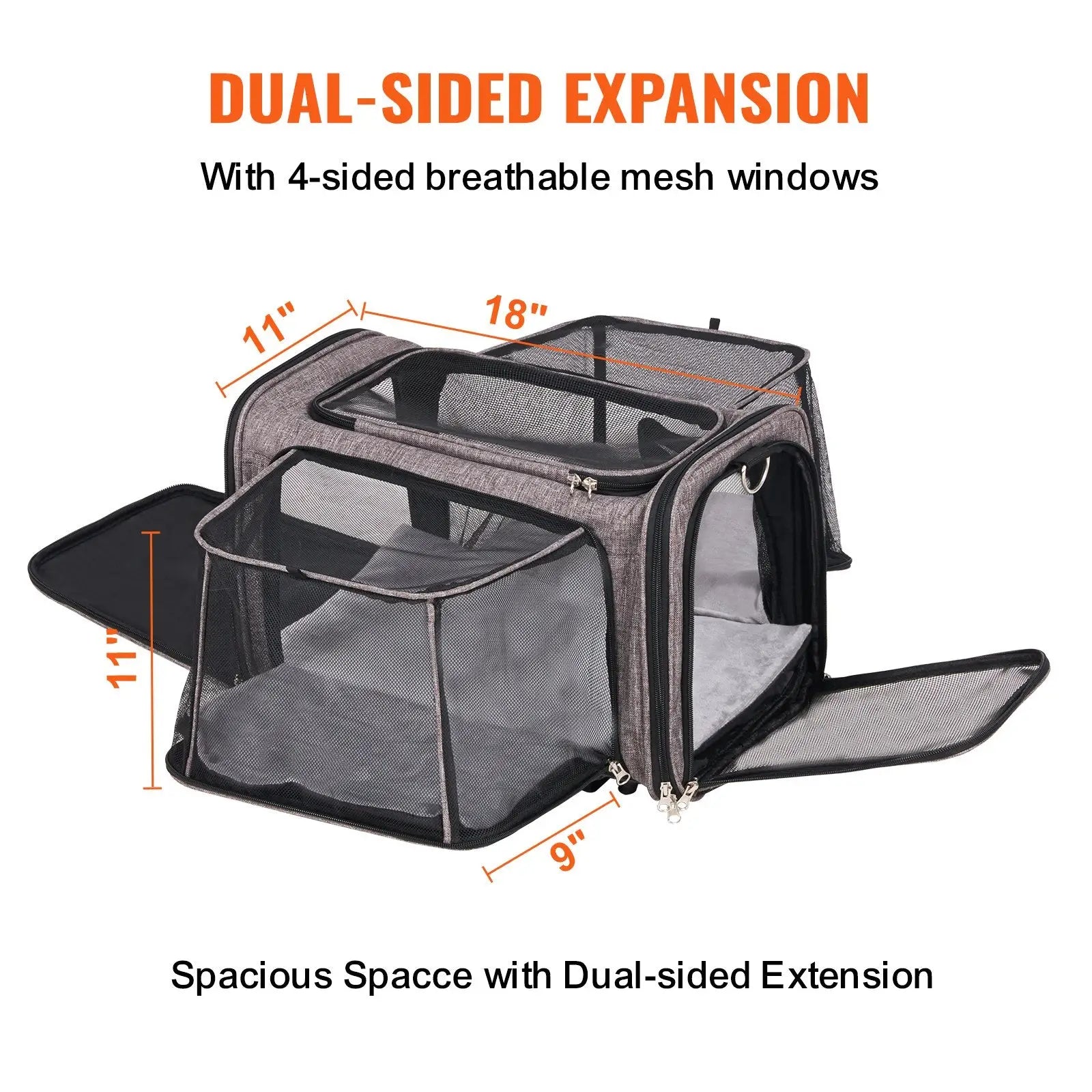 Gray and black dual-sided expansion rolling cat carrier with breathable mesh windows airline approved pet travel bag