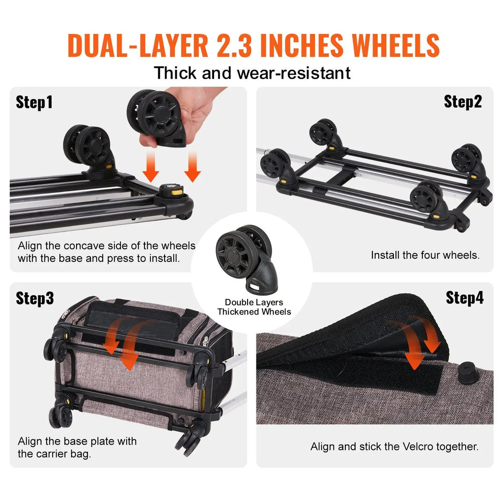Black dual-layer 2.3-inch thick wear-resistant wheels on the back side of rolling cat carrier airline approved pet travel bag gray