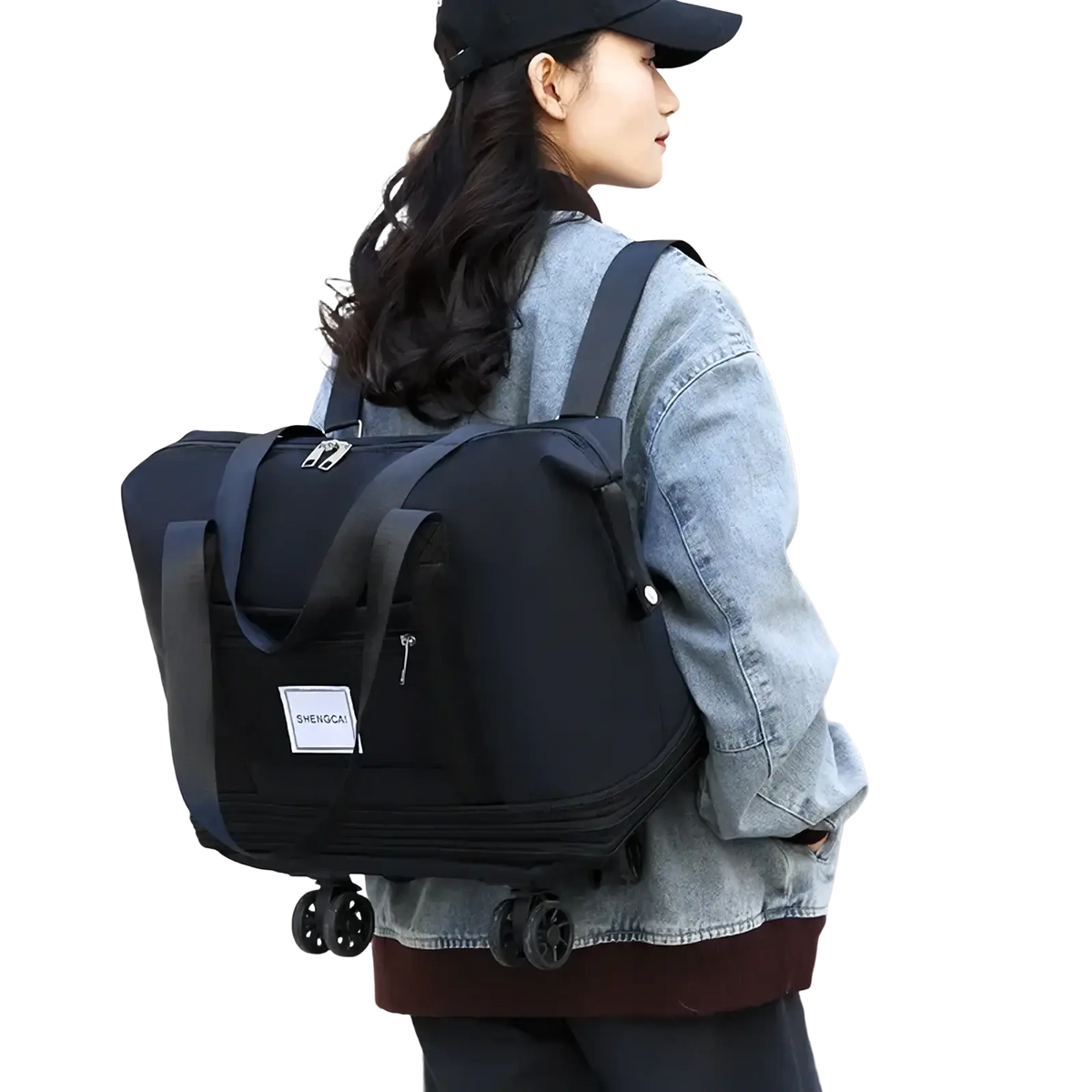 Black rolling duffel bag with dual wheels and adjustable straps large capacity travel backpack for convenient transport