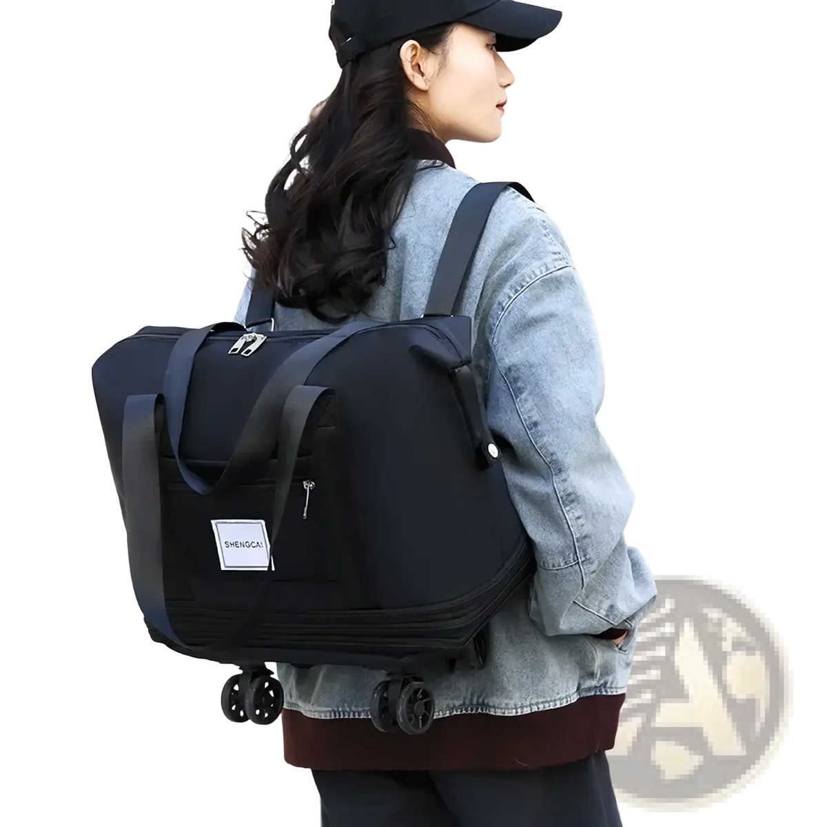 Black rolling duffel bag with dual wheels and adjustable straps large capacity travel backpack for convenient transport