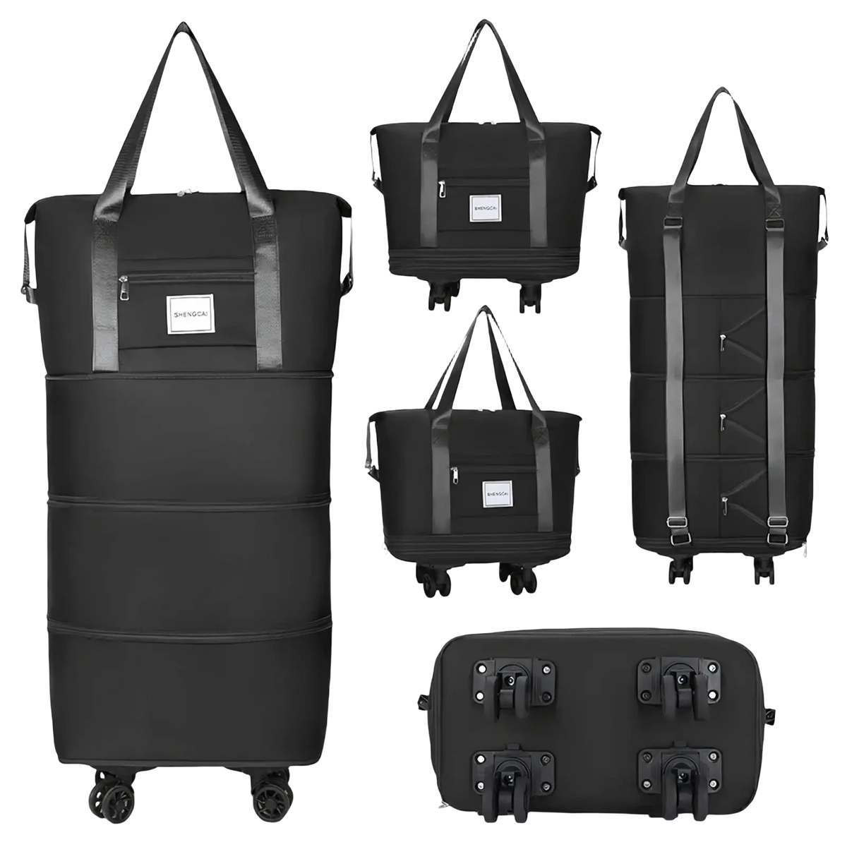 Black multi-functional rolling duffel bag with foldable design and reinforced straps for large capacity travel use