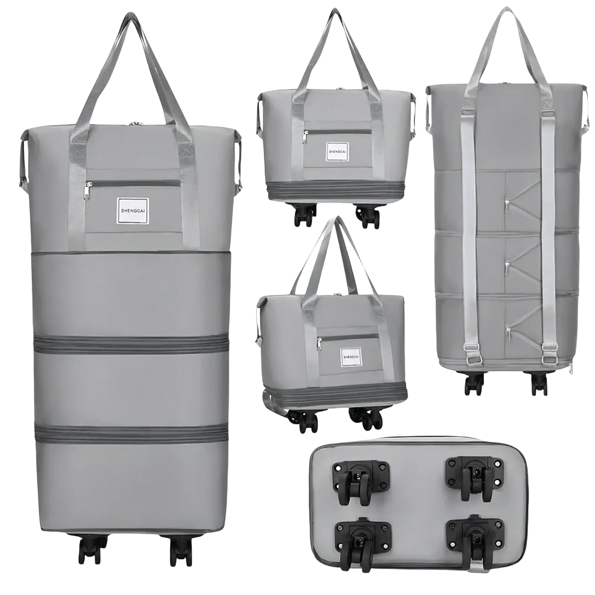 Gray rolling duffel bag with large capacity, multi compartments, adjustable straps, and compact design for travel use