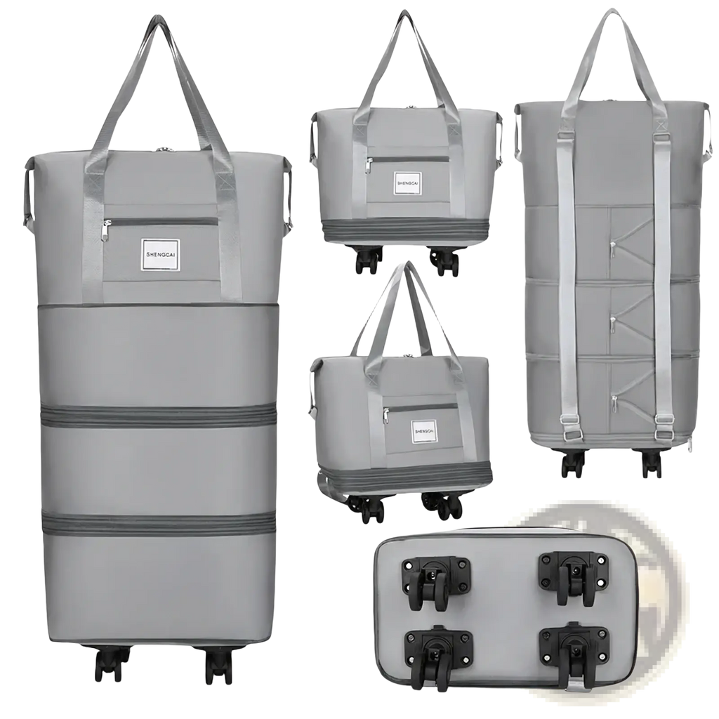 Gray rolling duffel bag with large capacity compartments adjustable straps and compact design for travel use