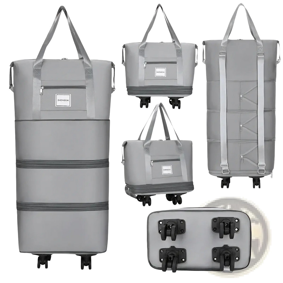 Gray rolling duffel bag with large capacity compartments adjustable straps and compact design for travel use