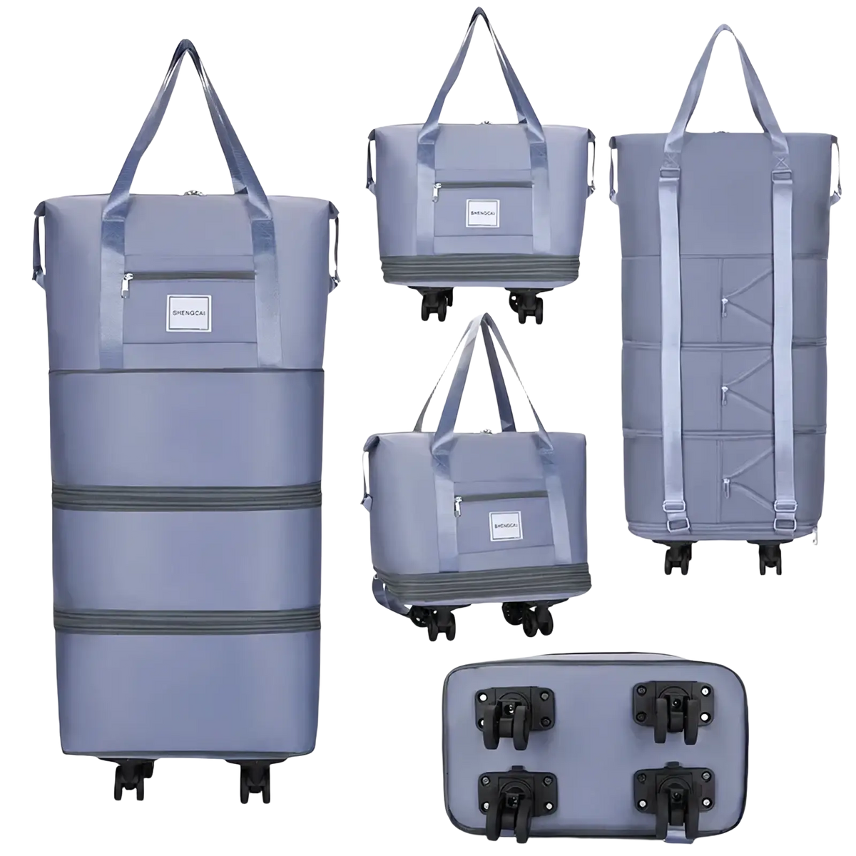 Gray rolling duffel bag with large capacity multi compartments adjustable straps and black wheels for travel use