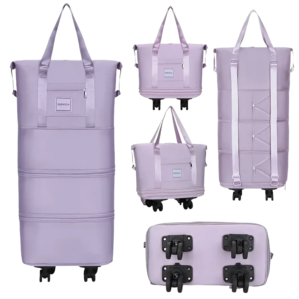 Lavender rolling duffel bag with large capacity multiple compartments and adjustable straps for travel use