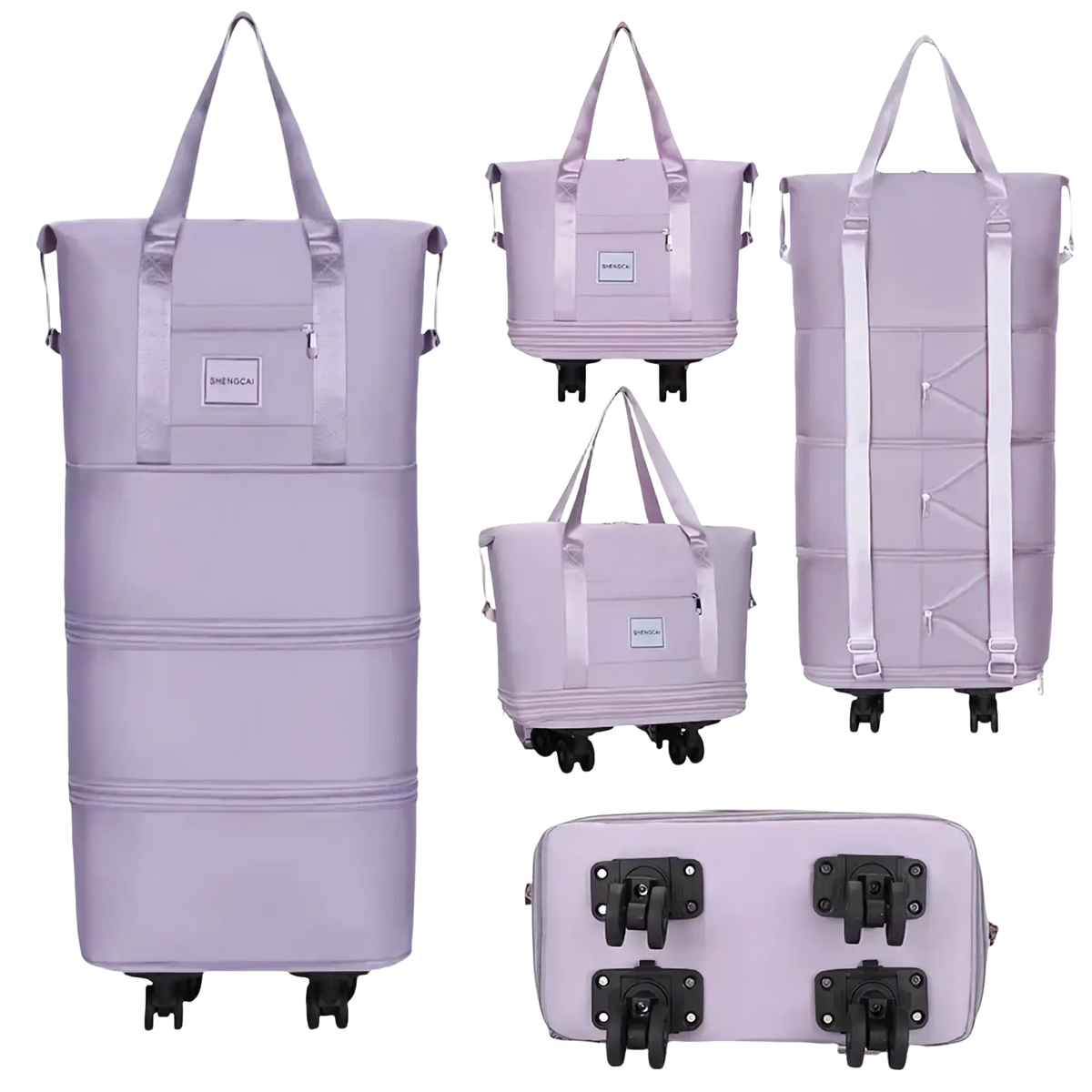 Lavender rolling duffel bag with large capacity multiple compartments and adjustable straps for travel use