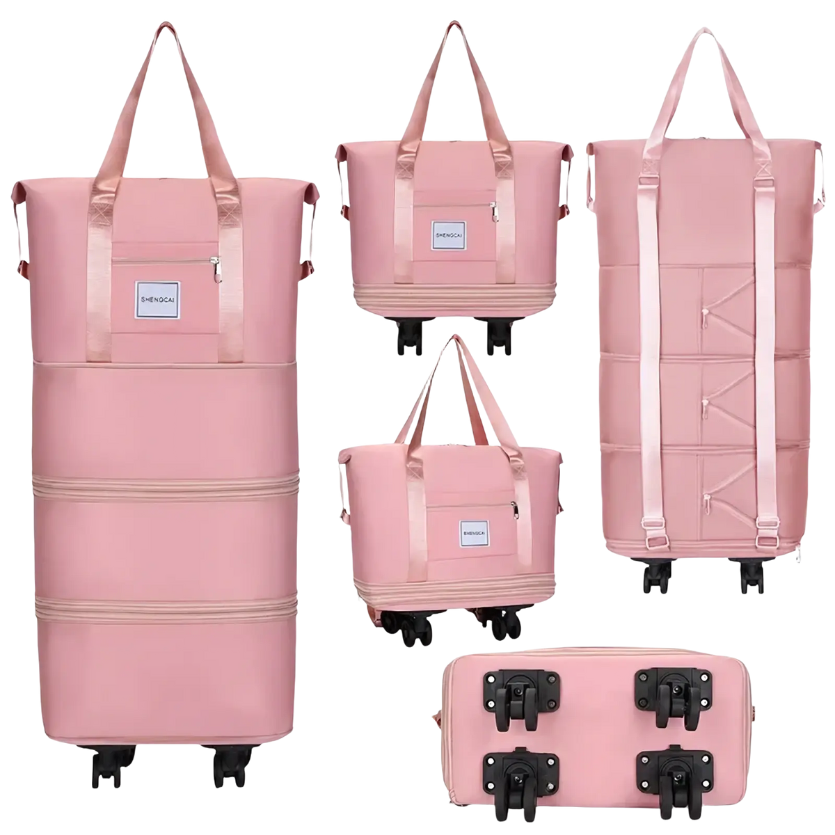 Pink rolling duffel bag large capacity travel backpack with adjustable straps and black wheels for versatile use