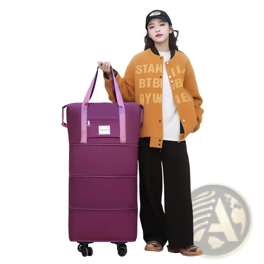 Purple foldable rolling duffel bag with pink handles and black wheels large capacity travel backpack