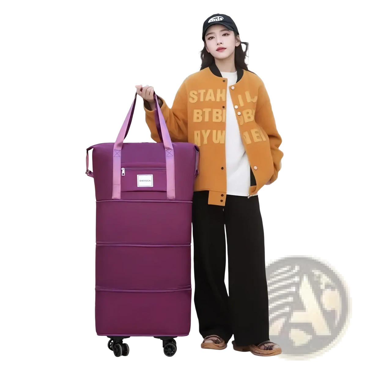 Purple foldable rolling duffel bag with pink handles and black wheels large capacity travel backpack