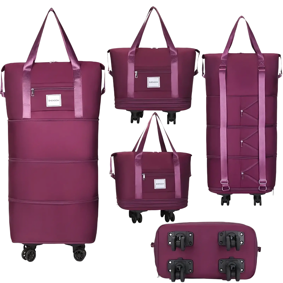 Purple foldable rolling duffel bag with large capacity multiple compartments and black wheels for travel use