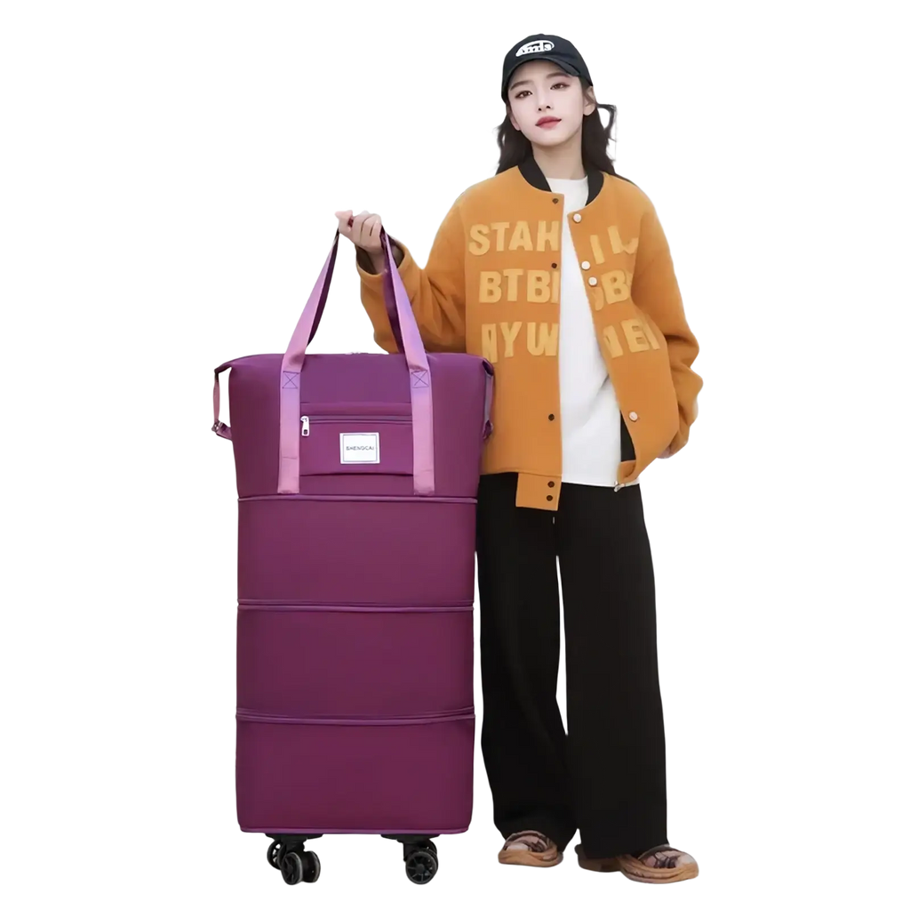 Purple foldable rolling duffel bag with pink handles and black wheels large capacity travel backpack