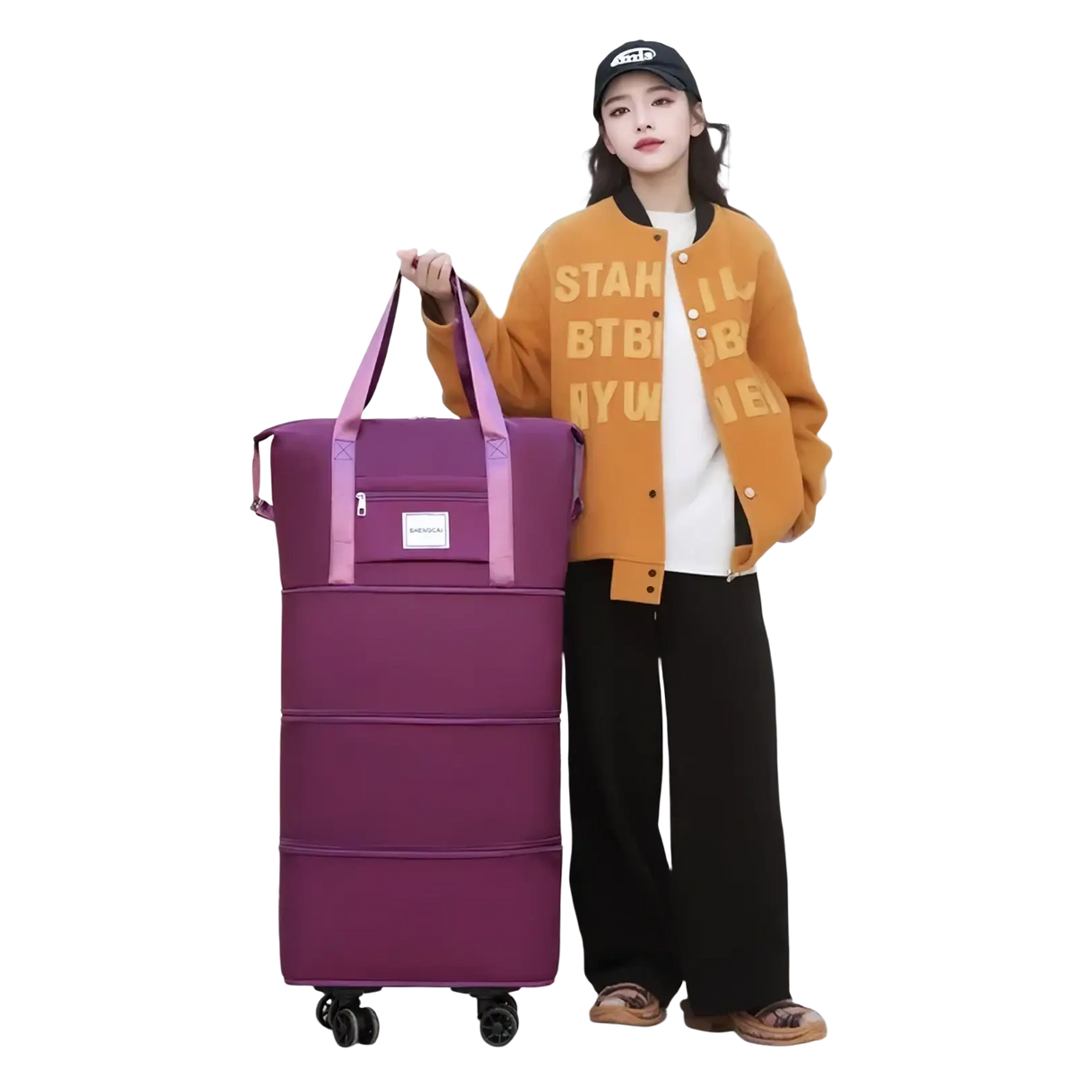 Purple foldable rolling duffel bag with pink handles and black wheels large capacity travel backpack