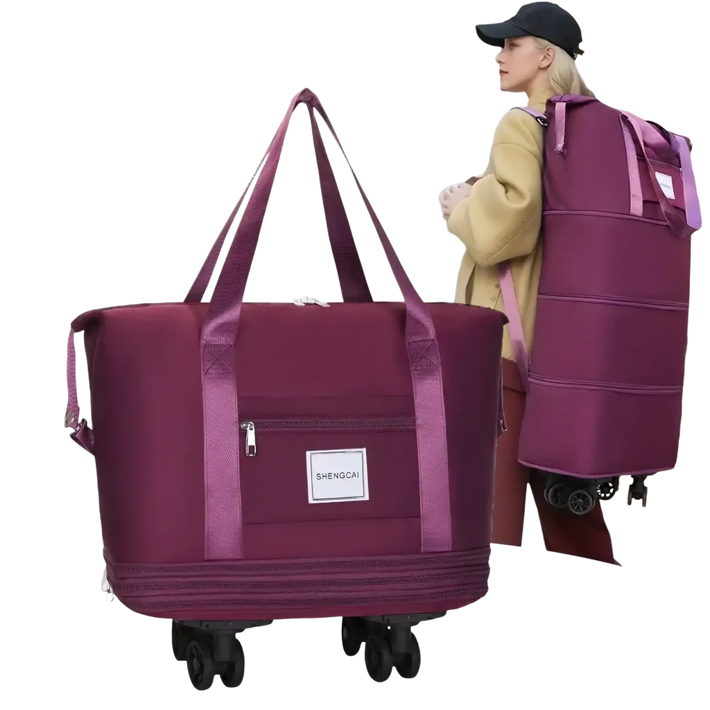 Purple three-layer expansion rolling duffel bag with large capacity black wheels and front zippered pocket for travel