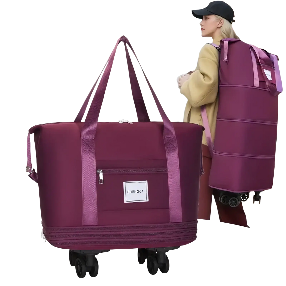 Purple three-layer expansion rolling duffel bag with large capacity black wheels and front zippered pocket for travel