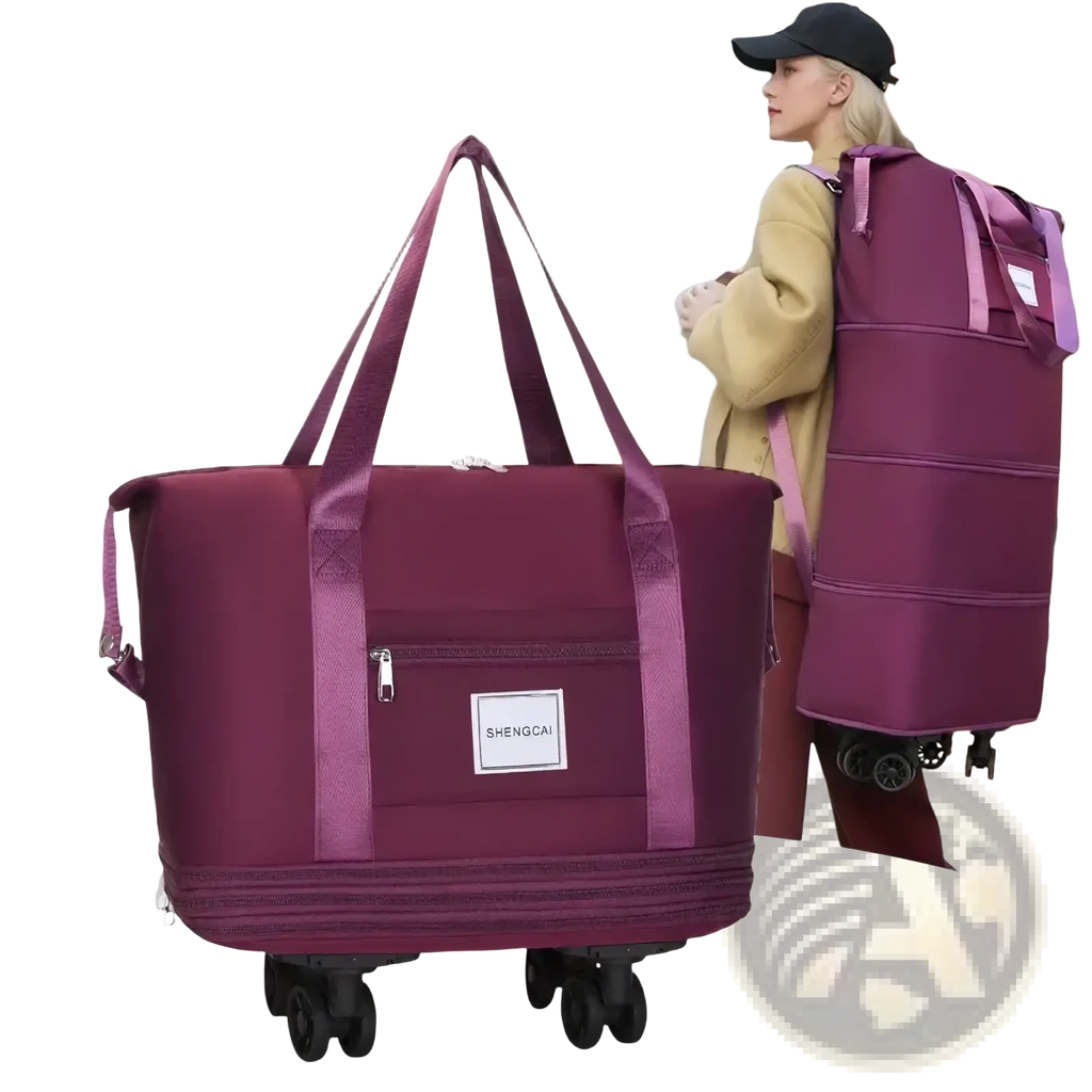 Purple three-layer expansion rolling duffel bag with large capacity black wheels and front zippered pocket for travel