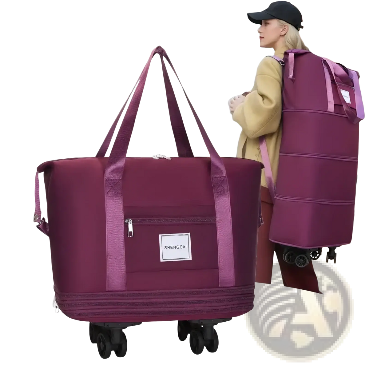 Purple three-layer expansion rolling duffel bag with large capacity black wheels and front zippered pocket for travel