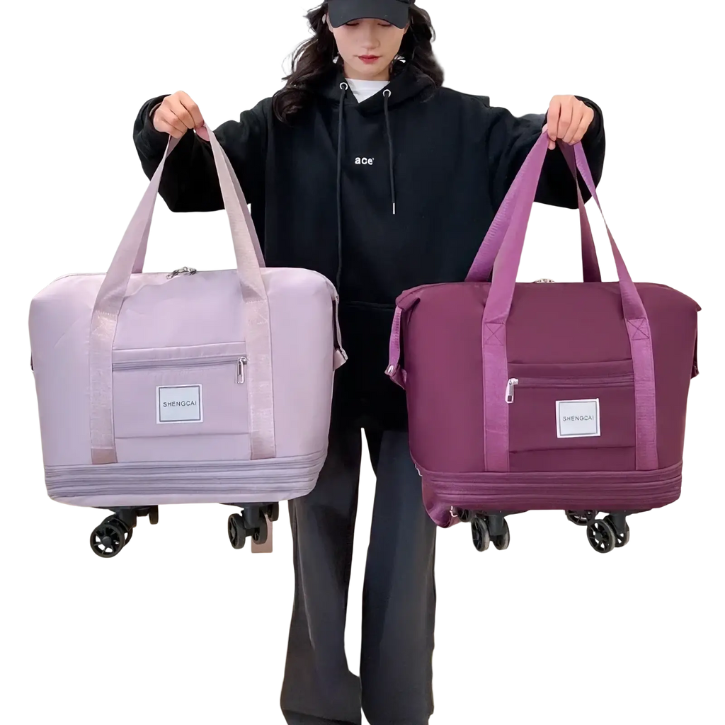 Two soft-sided rolling duffel bags in light lavender and deep purple with large capacity and built-in wheels for travel