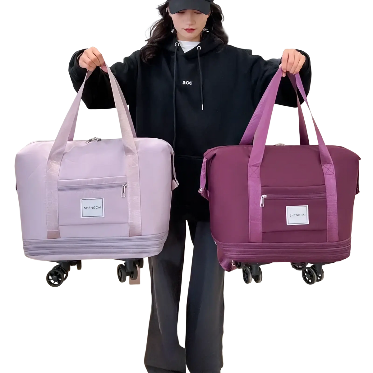 Two soft-sided rolling duffel bags in light lavender and deep purple with large capacity and built-in wheels for travel