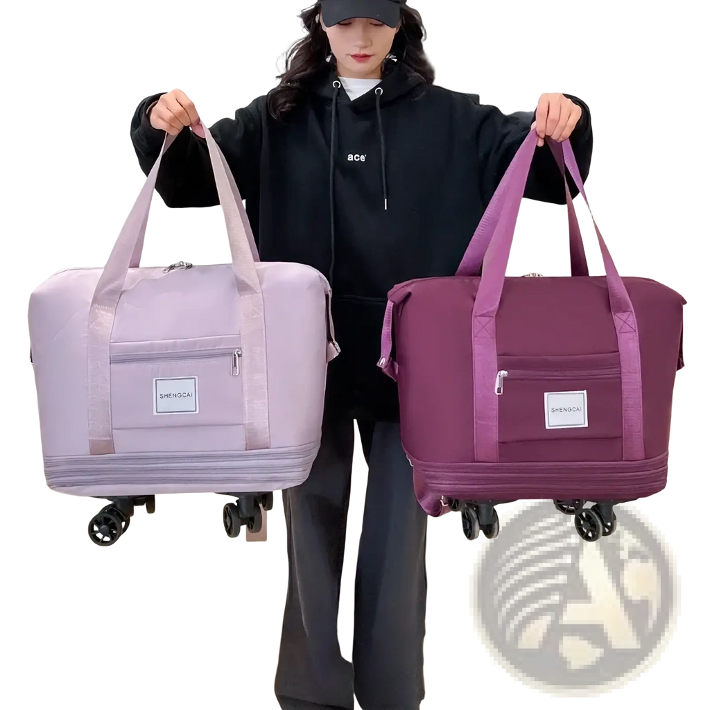 Two soft-sided rolling duffel bags in light lavender and deep purple with large capacity and built-in wheels for travel