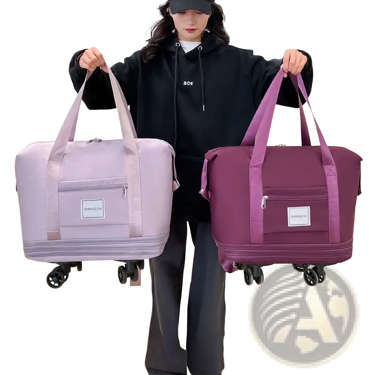 Two soft-sided rolling duffel bags in light lavender and deep purple with large capacity and built-in wheels for travel