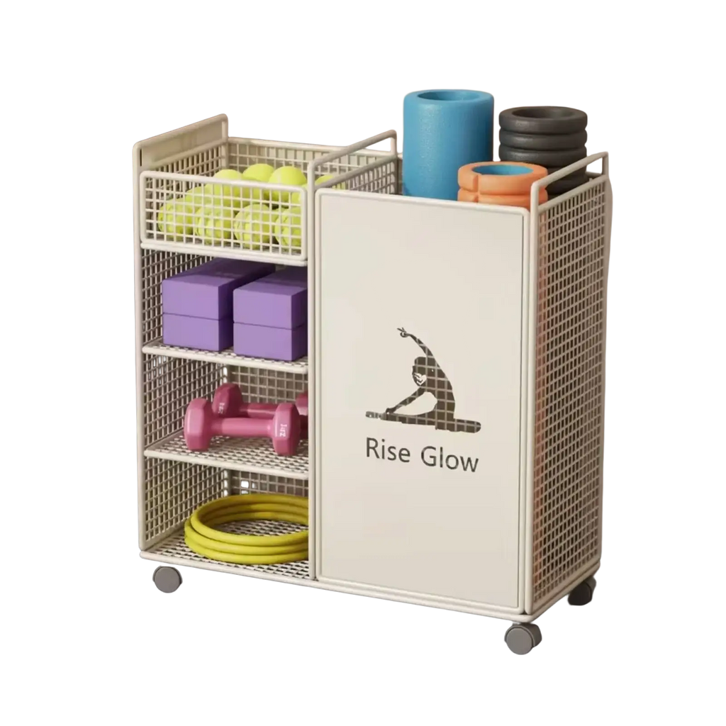 Beige mesh rolling fitness equipment storage cart with white rise glow panel holding dumbbells foam rollers and bands