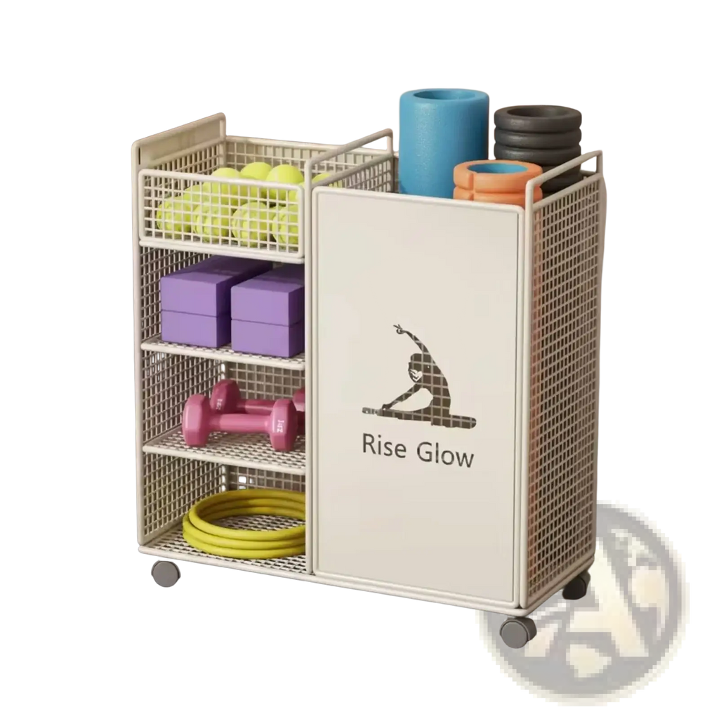 Beige mesh rolling fitness equipment storage cart with white rise glow panel holding dumbbells foam rollers and bands