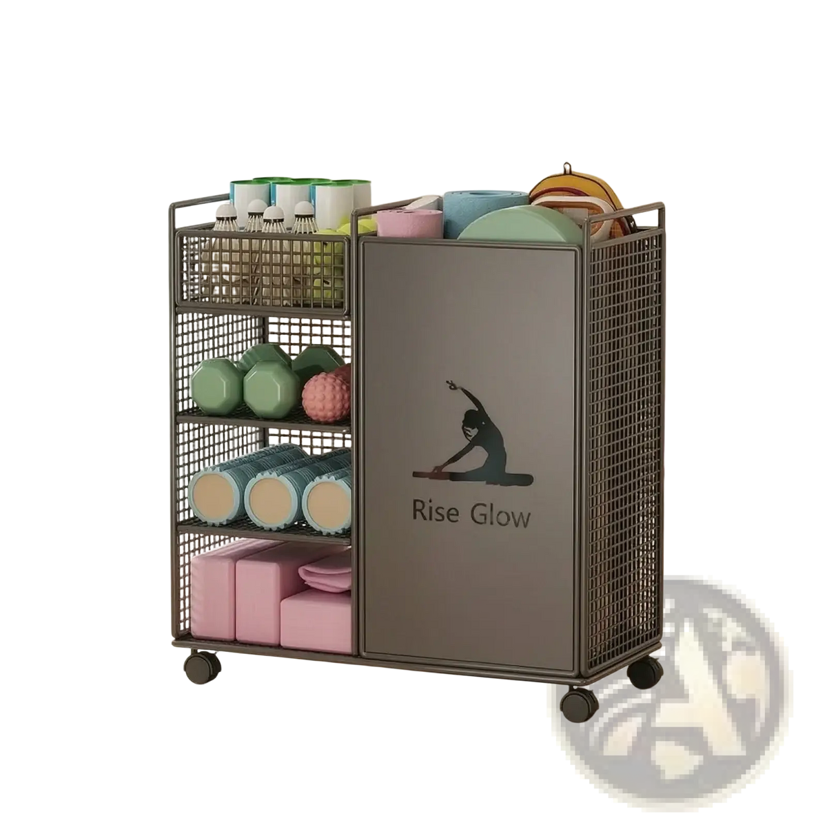Gray metal rolling fitness equipment storage cart with mesh sides and rise glow yoga figure logo