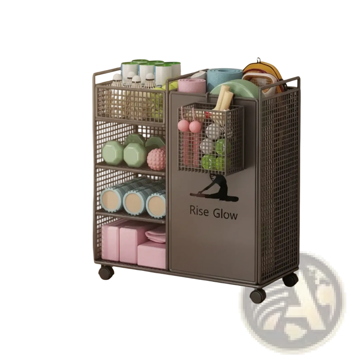 Gray metal rolling fitness equipment storage cart with wire mesh sides and shelves featuring rise glow logo
