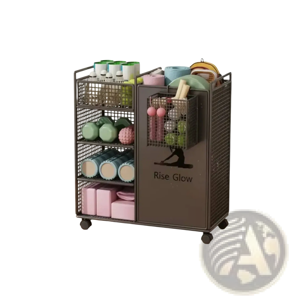 Brown metal rolling fitness equipment storage cart with mesh sides wheels and shelves holding yoga mats dumbbells and rollers