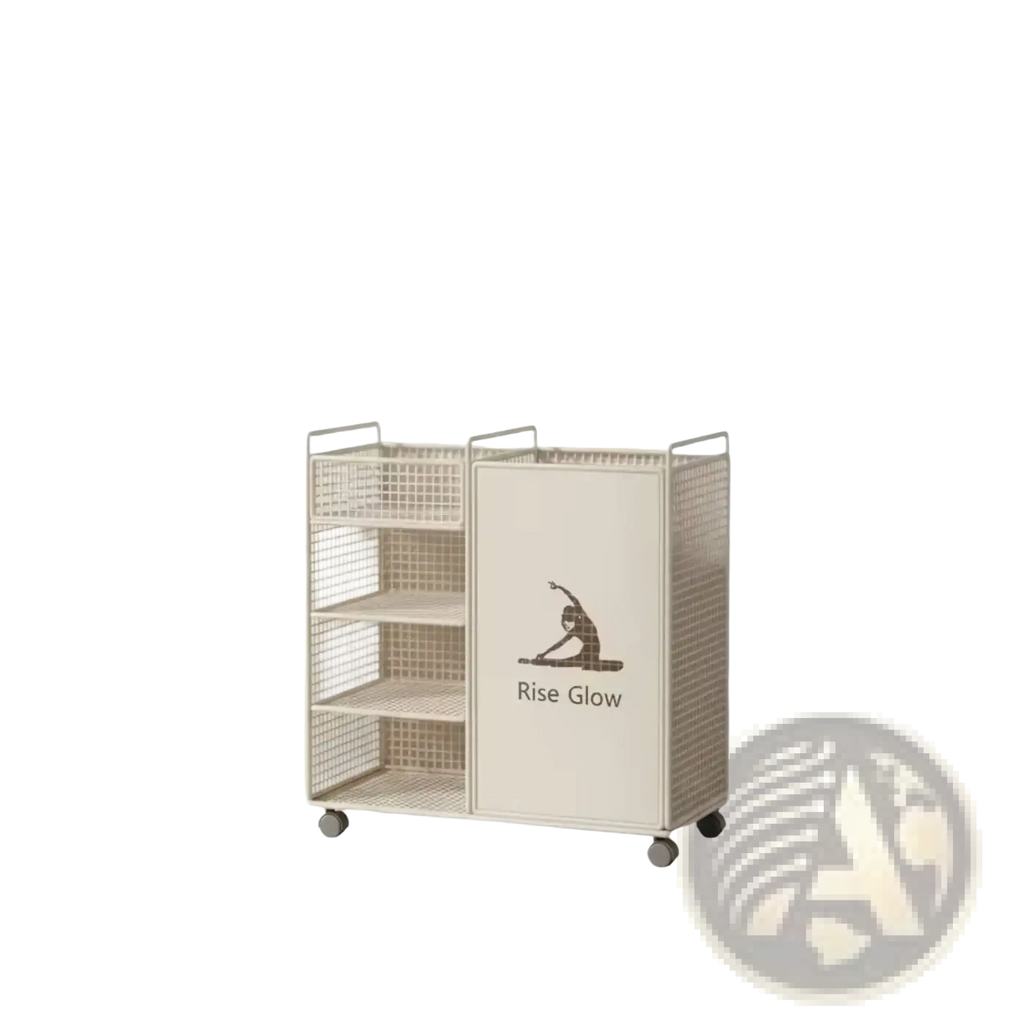 Cream-colored wire mesh rolling fitness equipment storage cart with rise glow logo and four small wheels