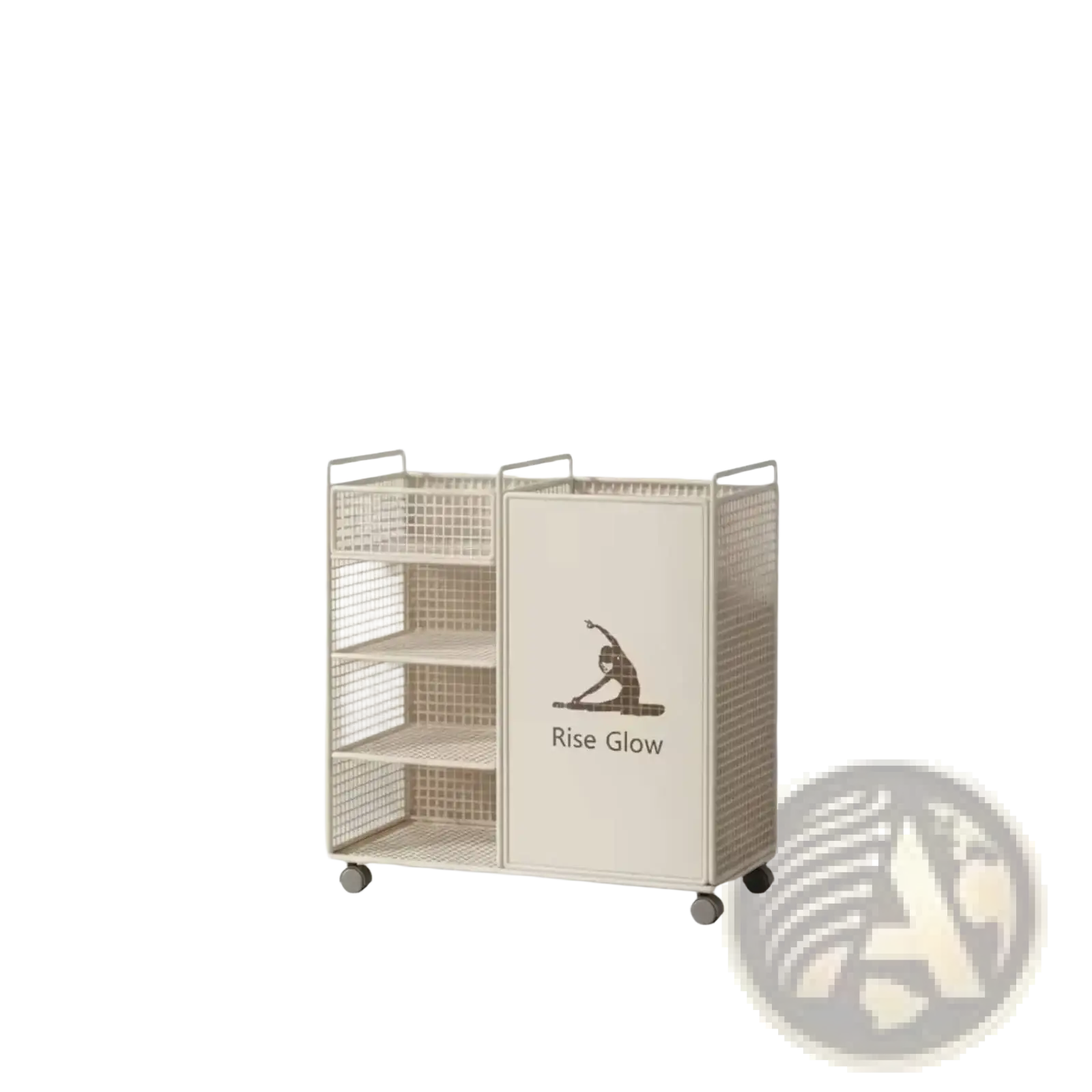 Cream-colored wire mesh rolling fitness equipment storage cart with rise glow logo and four small wheels