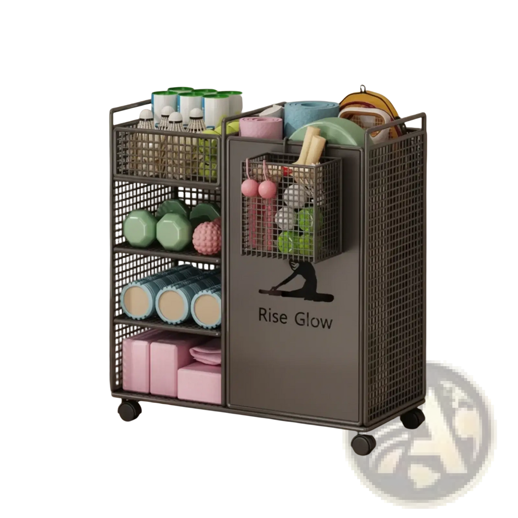 Gray metal mesh rolling fitness equipment storage cart with wheels and multiple shelves holding yoga gear