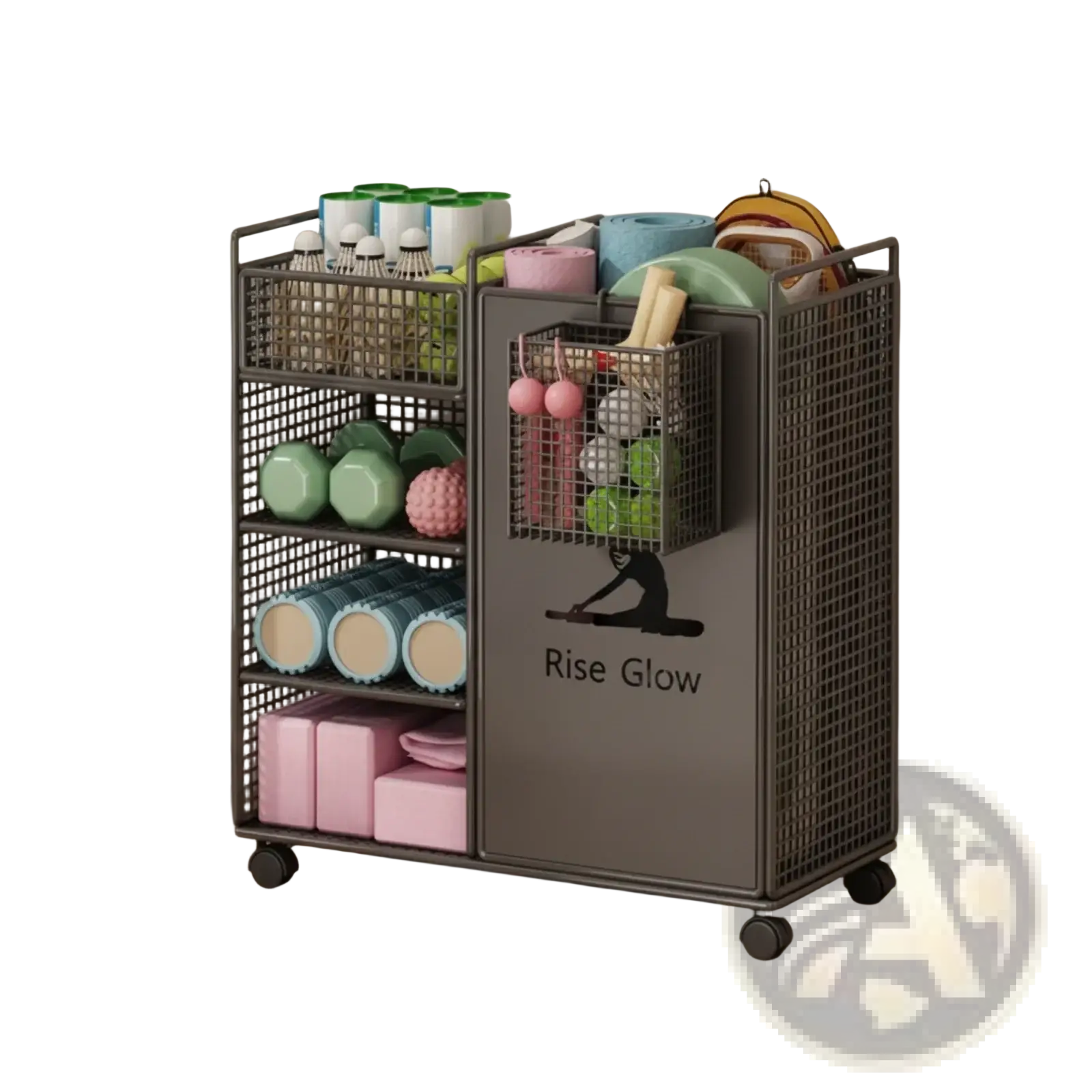Gray metal mesh rolling fitness equipment storage cart with wheels and multiple shelves holding yoga gear