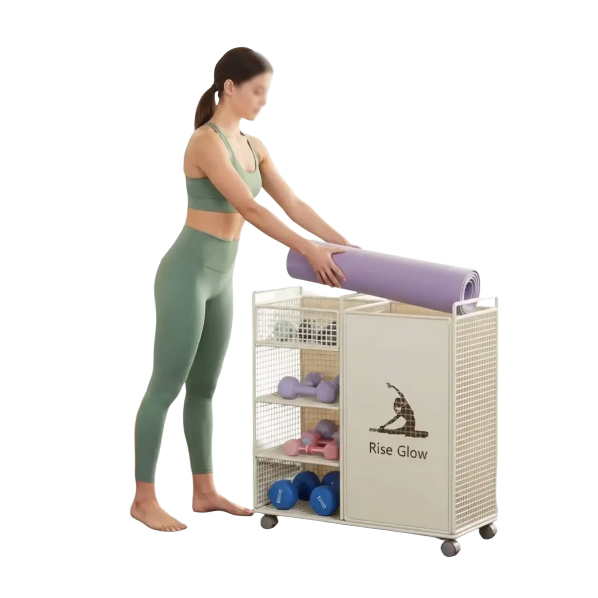A woman in athletic wear rolling up a lavender yoga mat with the rolling fitness equipment storage cart
