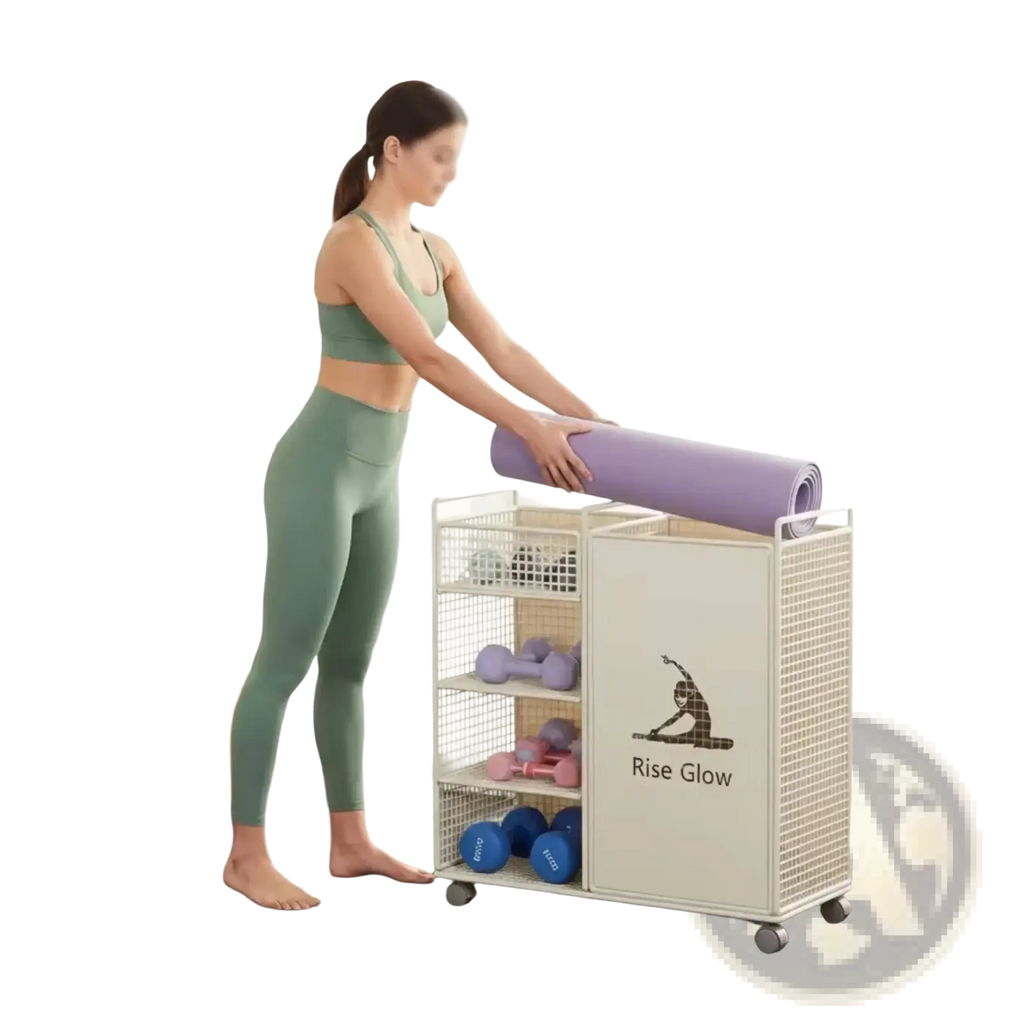 A woman in athletic wear rolling up a lavender yoga mat with the rolling fitness equipment storage cart