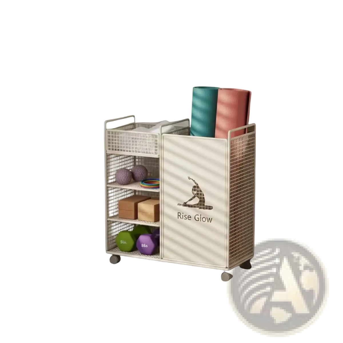A white mesh rolling fitness equipment storage cart with rise glow logo and yoga mat rolls on top