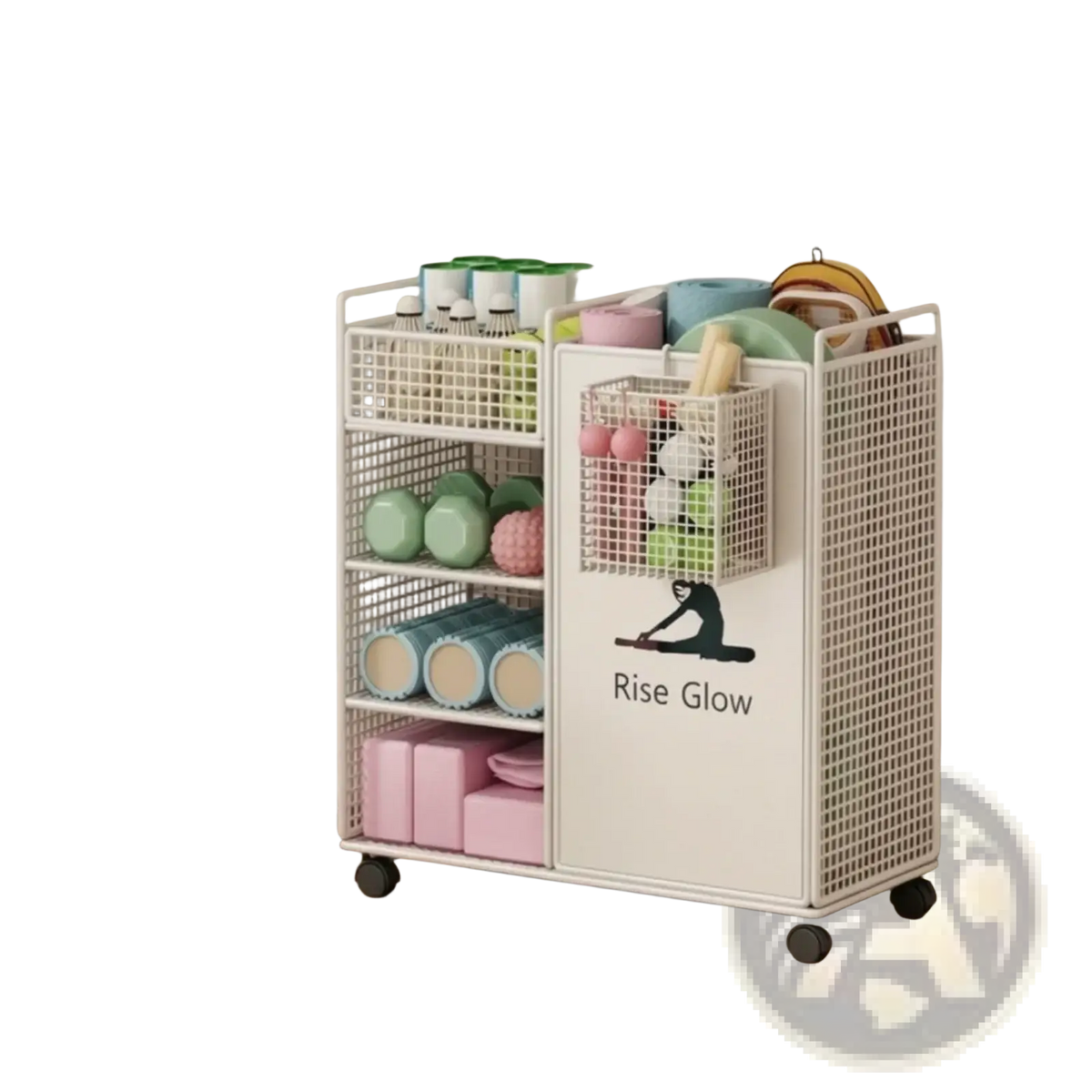 White mesh rolling fitness equipment storage cart with wheels and rise glow yoga-themed decal for organized storage