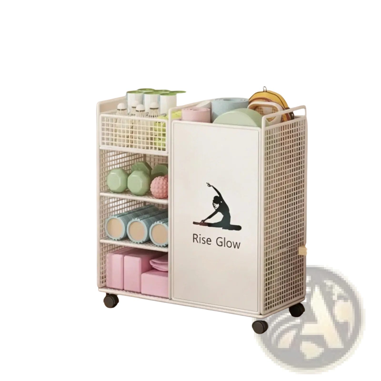 White mesh rolling fitness equipment storage cart with black rise glow logo and yoga silhouette holding colorful gear