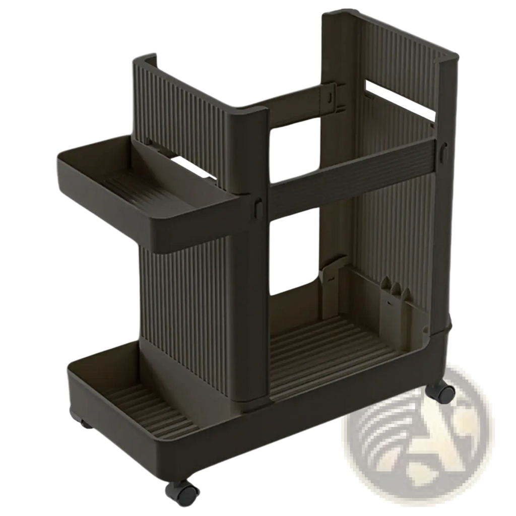 Dark gray plastic two-tiered rolling gym equipment storage cart with ribbed sides and bottom tray with wheels